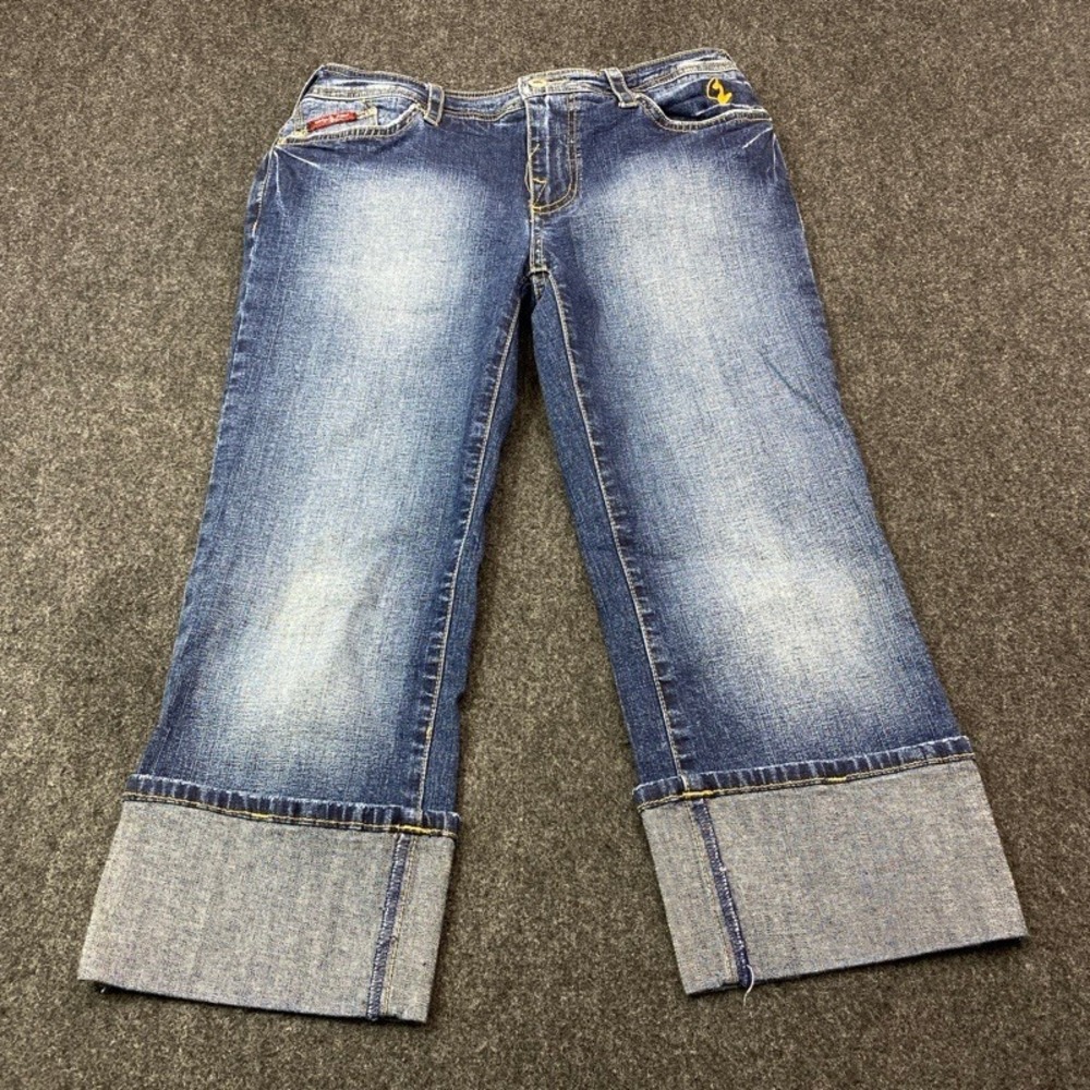 Baby Phat Capri Jeans Womens 7 Blue Y2K Embroidered Cat Logo Wide Cuff L1C071RW